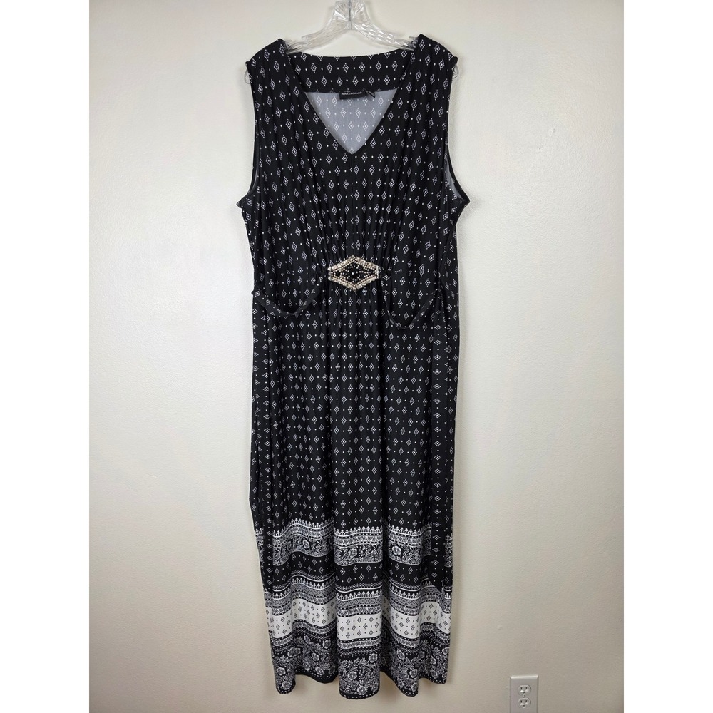 Nina Leonard Maxi Dress Womens 3X Black White Diamond Print Sleeveless Belted